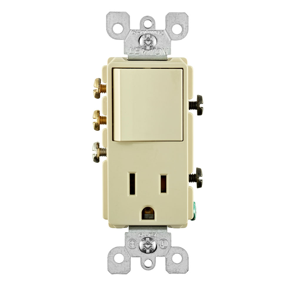 15 Amp, 120 Volt, Decora 3-Way / 5-15R AC Combination Switch, Commercial Grade, Grounding, Side Wired - Ivory