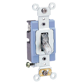 15 Amp, 120 Volt, Toggle Pilot Light - Illuminated ON - Req. Neutral Single-Pole AC Quiet Switch, Industrial Grade, Self Grounding, Back & Side Wired, - Clear