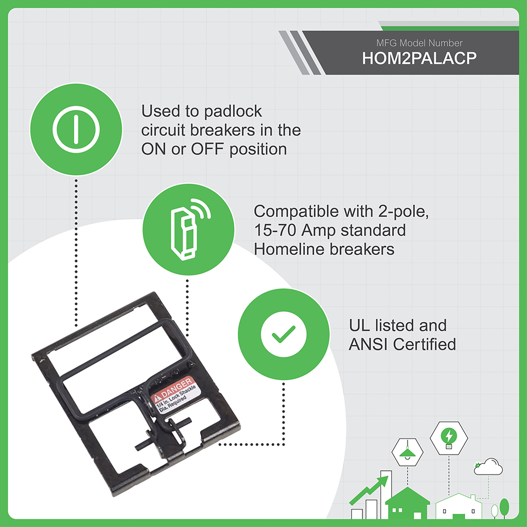 Mini circuit breaker accessory, Homeline, handle padlock attachment, 15A to 70A, 2 pole std breakers, on/off lock