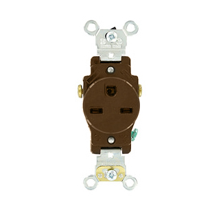 Single Receptacle Outlet, Heavy-Duty Industrial Specification Grade, Smooth Face, 15 Amp, 250 Volt, Side Wire,NEMA 6-15R, 2-Pole, 3-Wire, Self-Grounding - Brown