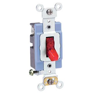 15 Amp, 120 Volt, Toggle Pilot Light - Illuminated ON - Req. Neutral Single-Pole AC Quiet Switch, Industrial Grade, Self Grounding, Back & Side Wired, - Red