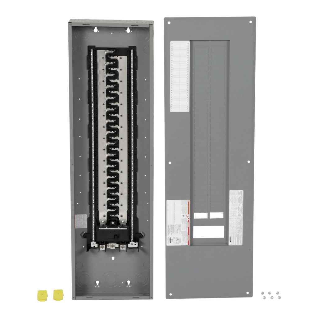 Load center, Homeline, 1 phase, 60 spaces, 120 circuits, 200A convertible main breaker, PoN, NEMA1, combo cover