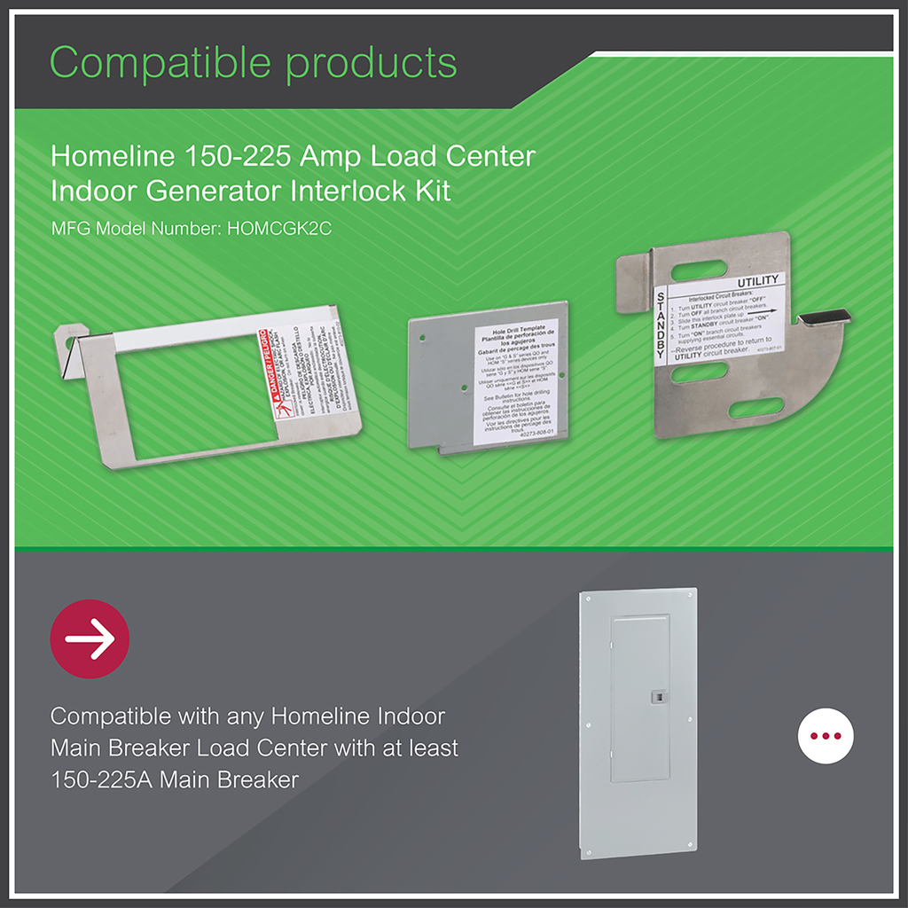 Load center accessory, Homeline, interlock kit, generator circuit breaker, high amp, indoor, clam packaging