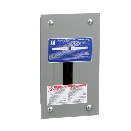 Load center, Homeline, 1 phase, 2 spaces, 4 circuits, 70A fixed main lugs, NEMA1, flush cover