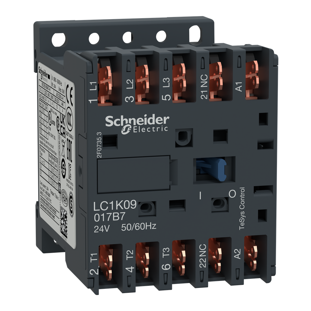 Contactor, TeSys K, 3P, AC-3, lt or eq to 440V 9A, 1 NC aux., 24VAC co ...