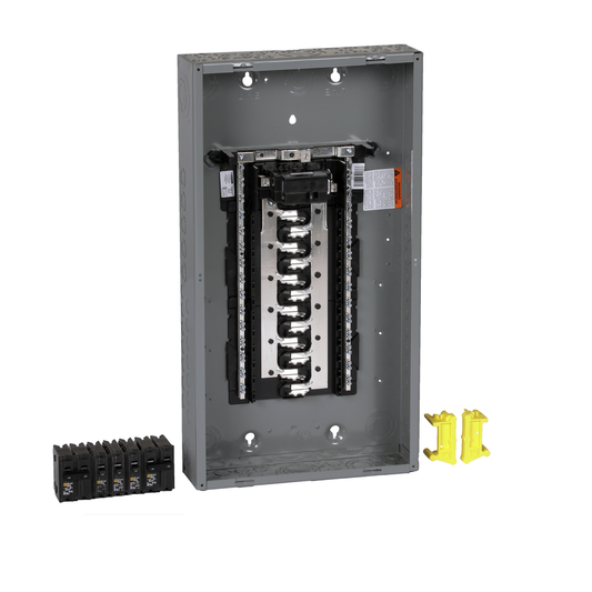 Load center, Homeline, 1 phase, 24 spaces, 48 circuits, 100A convertible main breaker, PoN, NEMA1, value pack