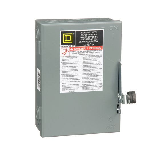 Safety switch, general duty, fusible, 30A, 2 pole, 7.5hp, 240VAC, NEMA 1, neutral factory installed